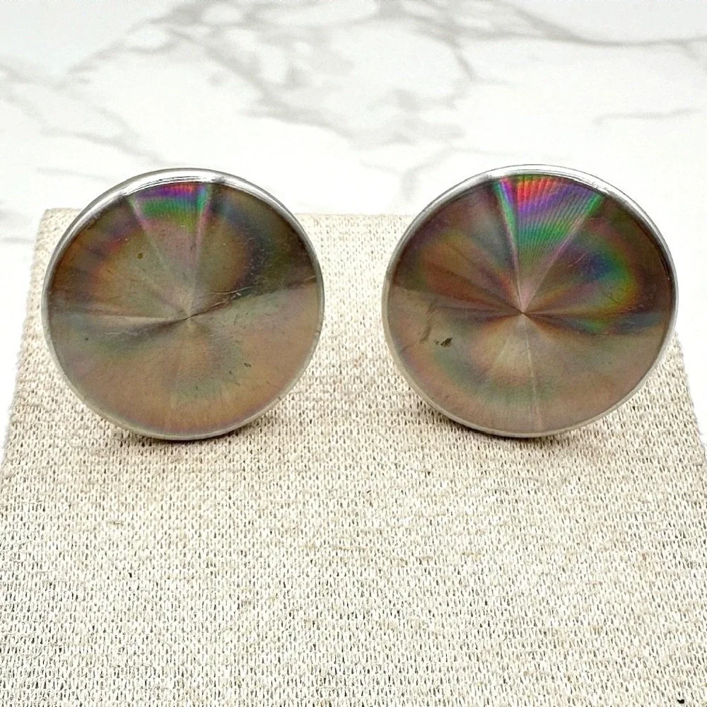 Vintage Silver Tone Round Cufflinks Holographic Rainbow Optical Foil Psychedelic